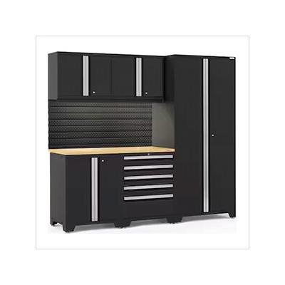 NewAge Garage Cabinets PRO Series Black 6-Piece Set with Bamboo Top, Slatwall and LED Lights