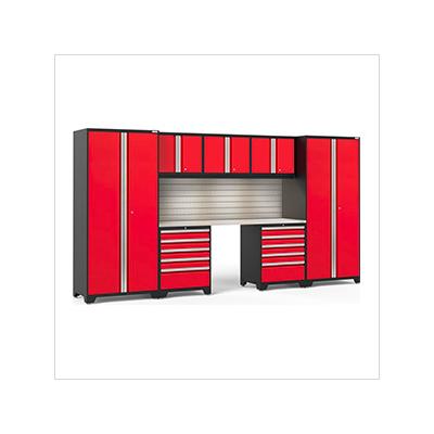 NewAge Garage Cabinets PRO Series Red 8-Piece Set with Stainless Steel Top, Slatwall and LED Lights