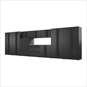 Proslat Garage Cabinets 11-Piece Mat Black Cabinet Set with Black Handles and Stainless Steel Worktop