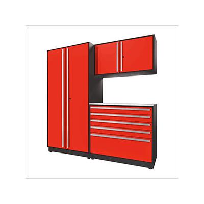 Proslat Garage Cabinets 4-Piece Glossy Red Cabinet Set with Silver Handles and Stainless Steel Worktop