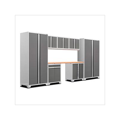 NewAge Garage Cabinets PRO Series Platinum 8-Piece Set with Bamboo Top and LED Lights
