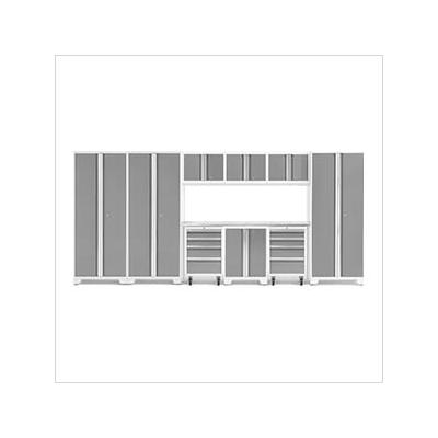 NewAge Garage Cabinets BOLD Series Platinum 10-Piece Set with Stainless Steel Top and LED Lights