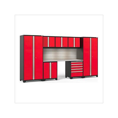 NewAge Garage Cabinets PRO Series Red 8-Piece Set with Stainless Steel Top, Slatwall and LED Lights