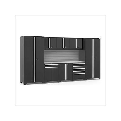 NewAge Garage Cabinets PRO Series Black 9-Piece Set with Stainless Steel Top and Slatwall