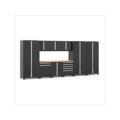 NewAge Garage Cabinets PRO Series Black 10-Piece Set with Bamboo Top and LED Lights