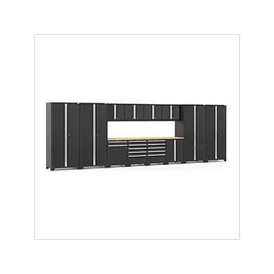 NewAge Garage Cabinets PRO Series Black 14-Piece Set with Bamboo Tops and LED Lights