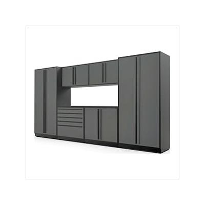 Proslat Garage Cabinets 7-Piece Glossy Grey Cabinet Set with Black Handles and Powder Coated Worktop
