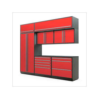Proslat Garage Cabinets 8-Piece Glossy Red Cabinet Set with Silver Handles and Powder Coated Worktop