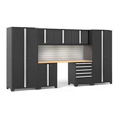 NewAge Garage Cabinets PRO Series Black 8-Piece Set with Bamboo Top, Slatwall and LED Lights
