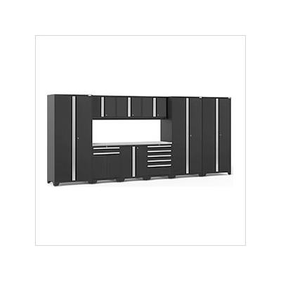 NewAge Garage Cabinets PRO Series Black 10-Piece Set with Stainless Steel Top and LED Lights