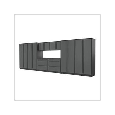 Proslat Garage Cabinets 9-Piece Glossy Grey Cabinet Set with Black Handles and Powder Coated Worktop