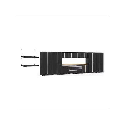 NewAge Garage Cabinets PRO Series Black 16-Piece Set with Bamboo Tops and Wall Shelves