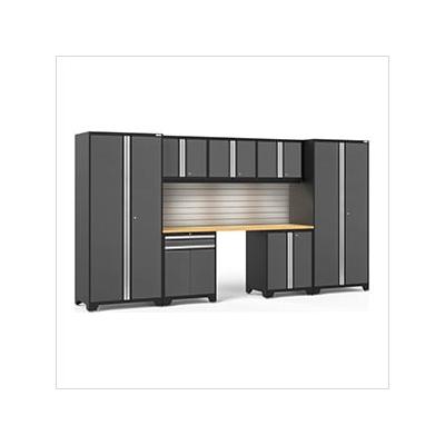 NewAge Garage Cabinets PRO Series Grey 8-Piece Set with Bamboo Top, Slatwall and LED Lights