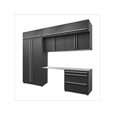 Proslat Garage Cabinets 7-Piece Mat Black Cabinet Set with Silver Handles and Stainless Steel Worktop