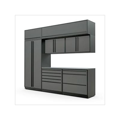 Proslat Garage Cabinets 8-Piece Glossy Grey Cabinet Set with Black Handles and Stainless Steel Worktop