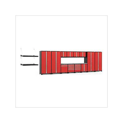 NewAge Garage Cabinets PRO Series Red 16-Piece Set with Stainless Steel Tops and Wall Shelves
