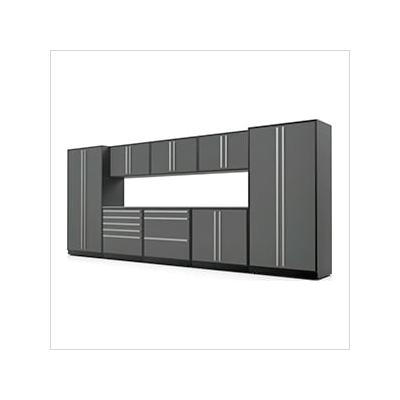 Proslat Garage Cabinets 10-Piece Glossy Grey Cabinet Set with Silver Handles and Stainless Steel Worktop