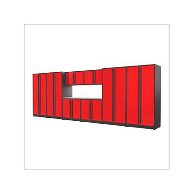 Proslat Garage Cabinets 9-Piece Glossy Red Cabinet Set with Black Handles and Stainless Steel Worktop