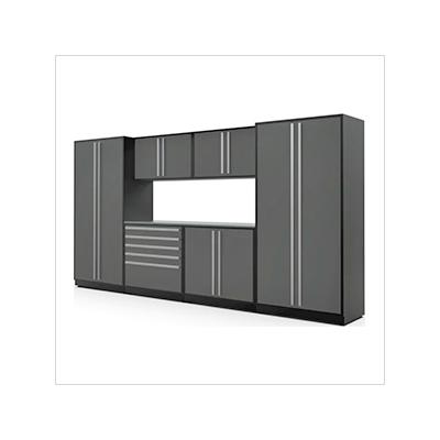 Proslat Garage Cabinets 7-Piece Glossy Grey Cabinet Set with Silver Handles and Stainless Steel Worktop