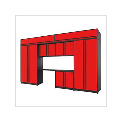 Proslat Garage Cabinets 8-Piece Glossy Red Cabinet Set with Black Handles and Powder Coated Worktop