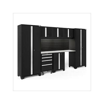 NewAge Garage Cabinets BOLD Series Black 8-Piece Set with Stainless Top, Backsplash, LED Lights