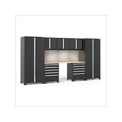 NewAge Garage Cabinets PRO Series Black 8-Piece Set with Bamboo Top, Slatwall and LED Lights