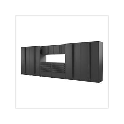Proslat Garage Cabinets 9-Piece Mat Black Cabinet Set with Black Handles and Powder Coated Worktop