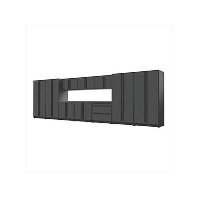 Proslat Garage Cabinets 12-Piece Glossy Grey Cabinet Set with Black Handles and Stainless Steel Worktop