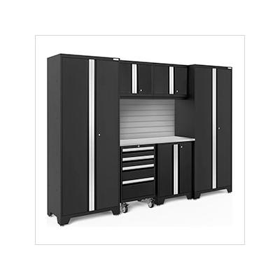 NewAge Garage Cabinets BOLD Series Black 7-Piece Set with Stainless Steel Top and Backsplash