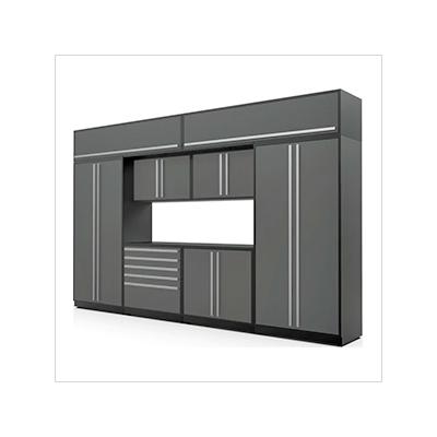 Proslat Garage Cabinets 9-Piece Glossy Grey Cabinet Set with Silver Handles and Powder Coated Worktop