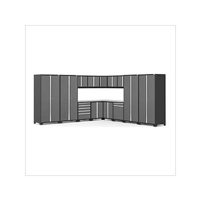 NewAge Garage Cabinets PRO Series Grey 16-Piece Corner Set with Stainless Tops and LED Lights