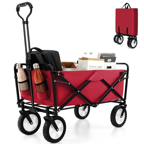 TANGZON Folding Trolley Cart, Collapsible Festival Trolley Trailer with Adjustable Handle & 2 Cup Holders, Heavy Duty Pull Along Wagon Cart for Camping Beach Garden Shopping (Red)