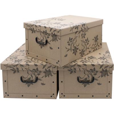 3er Set Aufbewahrungsbox mit Deckel 51 x 37 cm - Braun mit Blumenmuster - Stapelbox aus Pappe mit Image