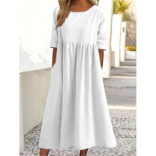 Damen Midikleid Kunstbaumwollleinen Shiftkleid Freizeitkleid Urlaub Basic Modern Täglich Wochenende Lässiger Schnitt Einfach Halbarm Hemdkragen Blau Weiß Marineblau Sommer Frühling Image