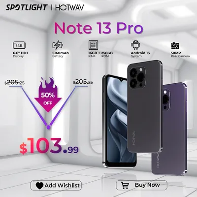 [World Premiere] HOTWAV Note 13 Pro 6.6'' HD+ Android 13 16GB+256GB Octa-Core 50MP NFC 5160mAh 18W Charging Add To Cart&Wishlist