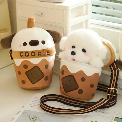 Kawaii Plush Teacup dog Stuffed Little Puppy Doll In Bubble Tea Toy Small Dog Toys For Kids Baby