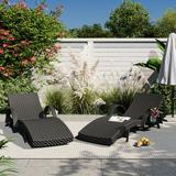 Outdoor Wicker Chaise Lounge Chairs Set of 2 80 Patio Rattan Reclining Chair Pull-out Side Table Adjustable Backrest Ergonomic Wave Design Pool Sunbathing Recliners Black