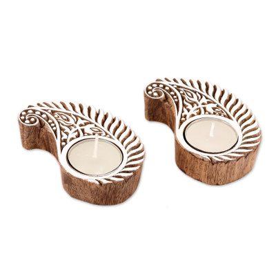 Paisley Blocks,'Paisley Mango Wood Tealight Holders from India (Pair)'