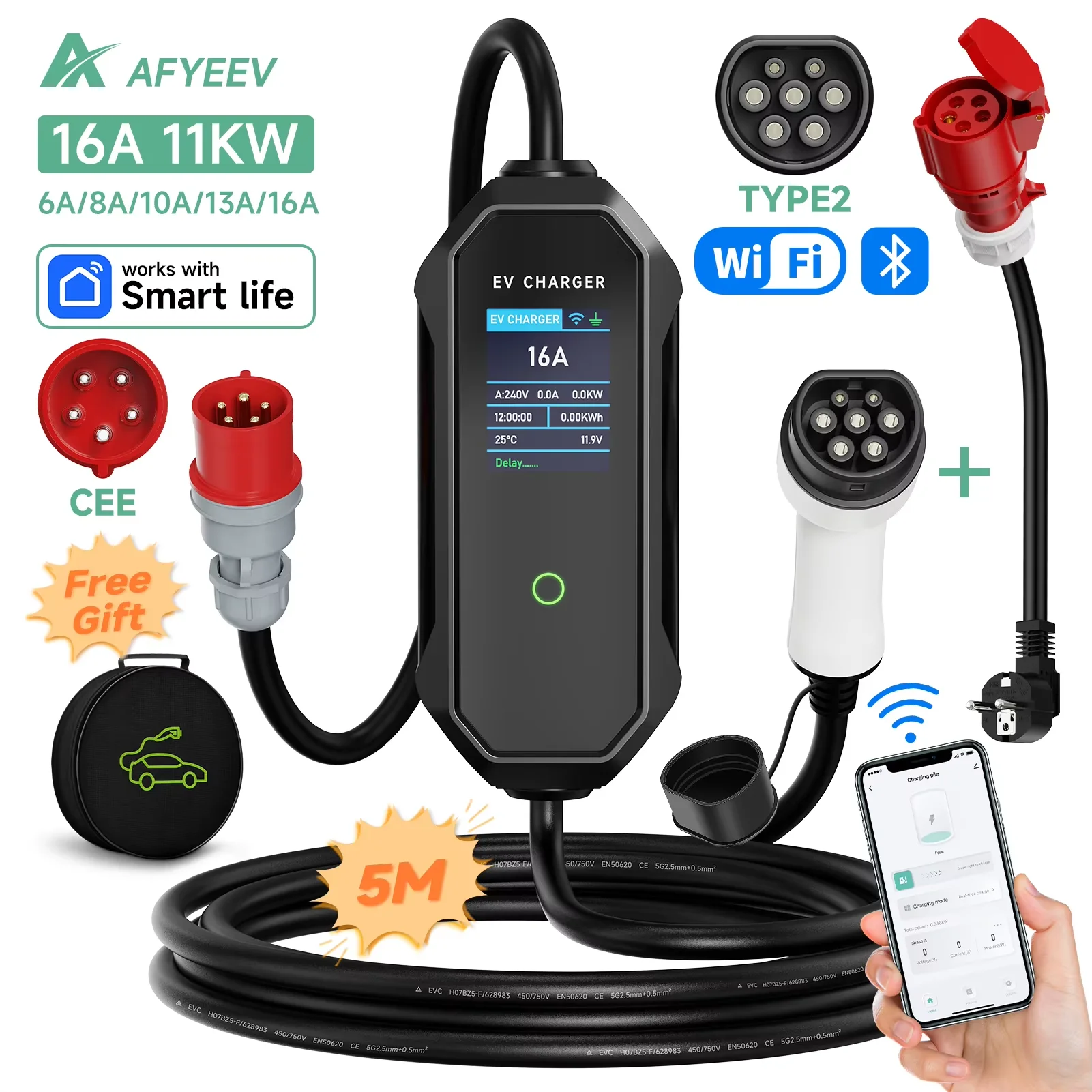 AFYEEV Typ2 Tragbares EV-Ladegerät 11KW 16A 3P GBT Autoladegerät Wi-Fi APP-Steuerung EVSE Ladebox CEE-Stecker für Elektrofahrzeuge Image