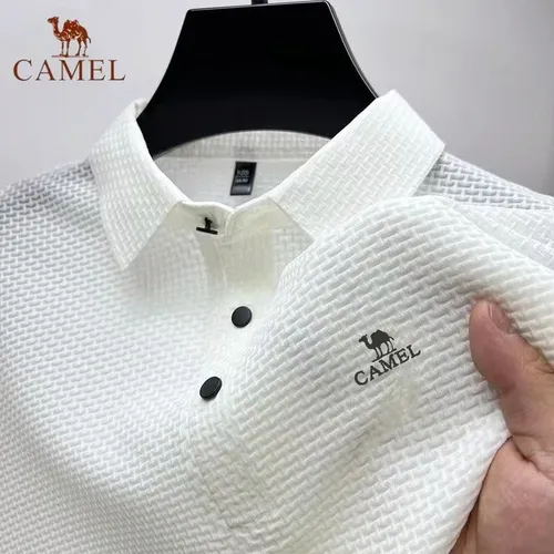 Neues High-End besticktes Kamel Eis Seide elastisches Polos hirt Sommer T-Shirt Mode atmungsaktive