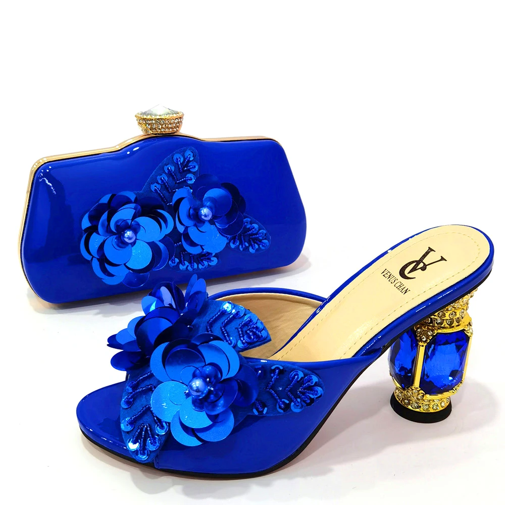 Königsblaues, farblich passendes Damen-Schuh- und Taschen-Set mit Strasssteinen, afrikanisches Schuh- und Taschen-Set für Party-In-Frauen-Italien-Schuhe