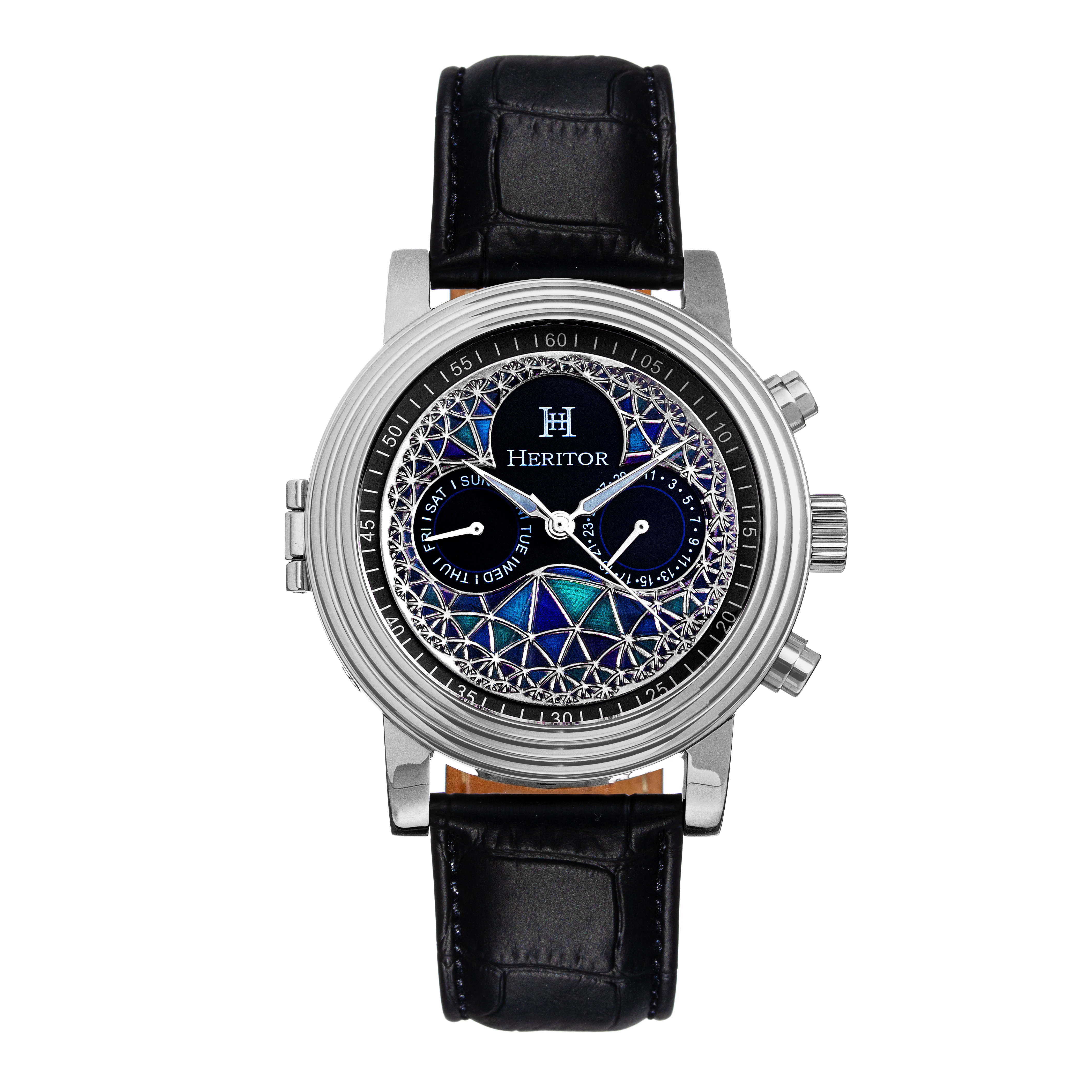 Heritor Automatic Mens Legacy Leather-band Watch W/day/date - Black & Silver Stainless Steel - One Size