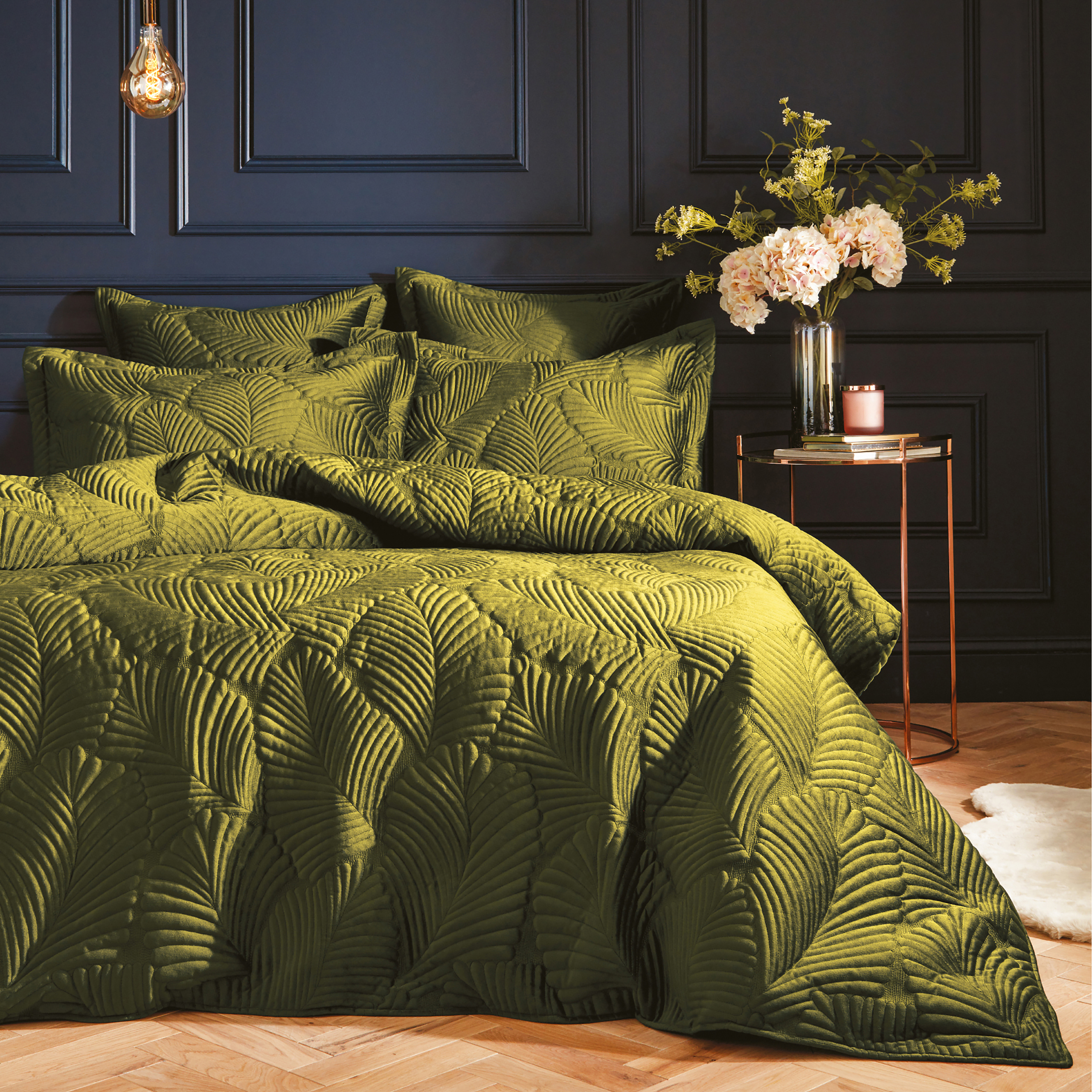 Paoletti Palmeria Quilted Velvet Duvet Cover Set - Green - Size Super King | Paoletti Sale | Discount Designer Brands