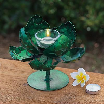 'Green Lotus-Themed Iron Tealight Candleholder from Thailand'