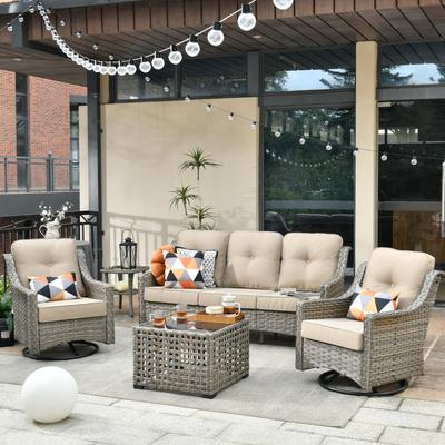 HOOOWOOO 5-piece Rattan Wicker Outdoor Conversation Set with Swivel Chair and Coffee Table