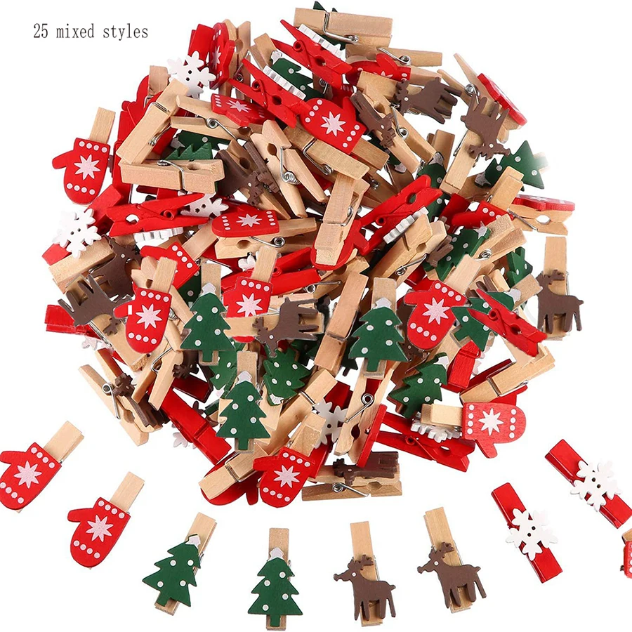 Pinces à linge en bois pour arbre de noël, 100 pièces, Styles mixtes, Clips Photo, gants d'élan, flocon de neige, pinces à linge, bricolage, pinces Photo pour le nouvel an