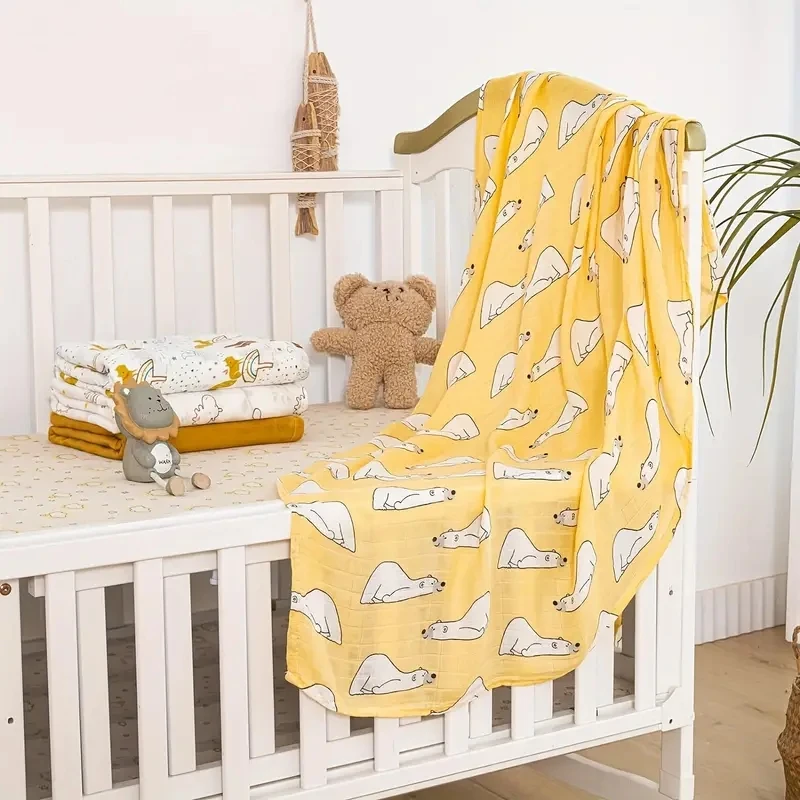 Baby-Badetuch, 120 x 110 cm, Baby-Musselin-Wickeltuch, Baumwolle, Strand-Duschdecke, niedliche weiche zweilagige Gaze, Kinderwagen-Abdeckung Image