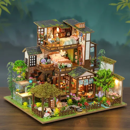 Neue DIY Holzpuppe nhaus Bambus Frühling Innenhof Casa Miniatur Gebäude Kits Puppenhaus mit Möbeln