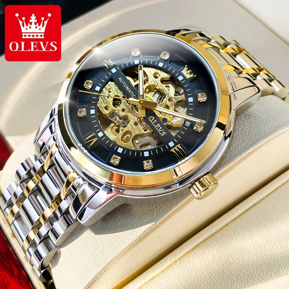 Olevs automatische Uhr für Männer Gold Edelstahl Skelett aushöhlen wasserdichte hochwertige Luxus Business mechanische Uhr Image