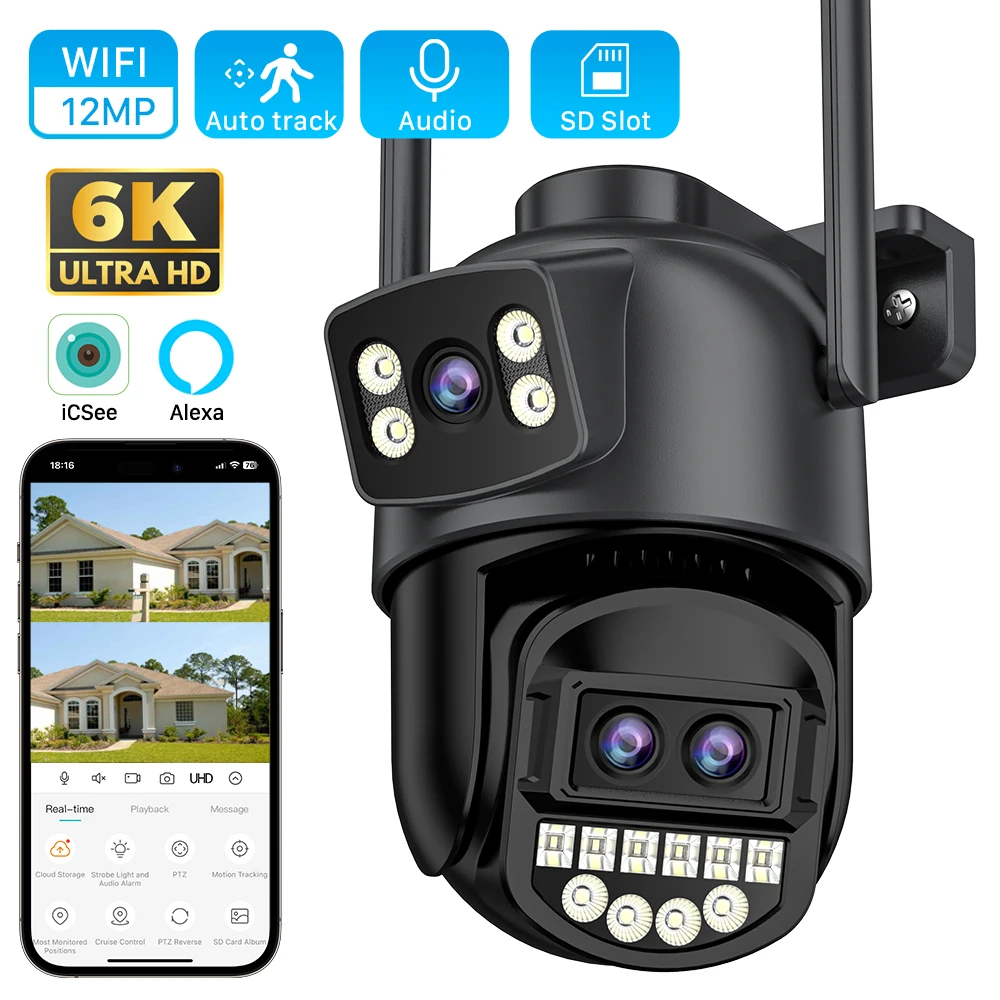 12MP 6K HD WiFi IP Kamera Outdoor 8X Zoom Drei Objektiv Dual Screen PTZ Kamera Auto Tracking 6MP Sicherheit CCTV Überwachungs Kamera Image